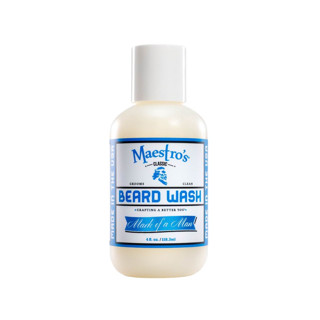 Mark of a Man Beard Wash by Maestro’s Classic – 4oz premium beard cleanser with black and white label, displayed on clean white background.
