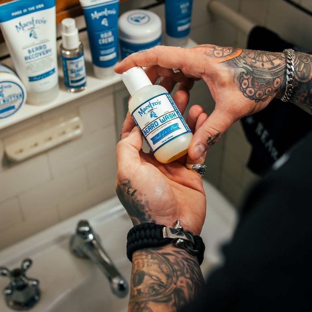 Close-up of Maestro’s Classic Mark of a Man Beard Wash bottle showing refined label design and premium packaging.