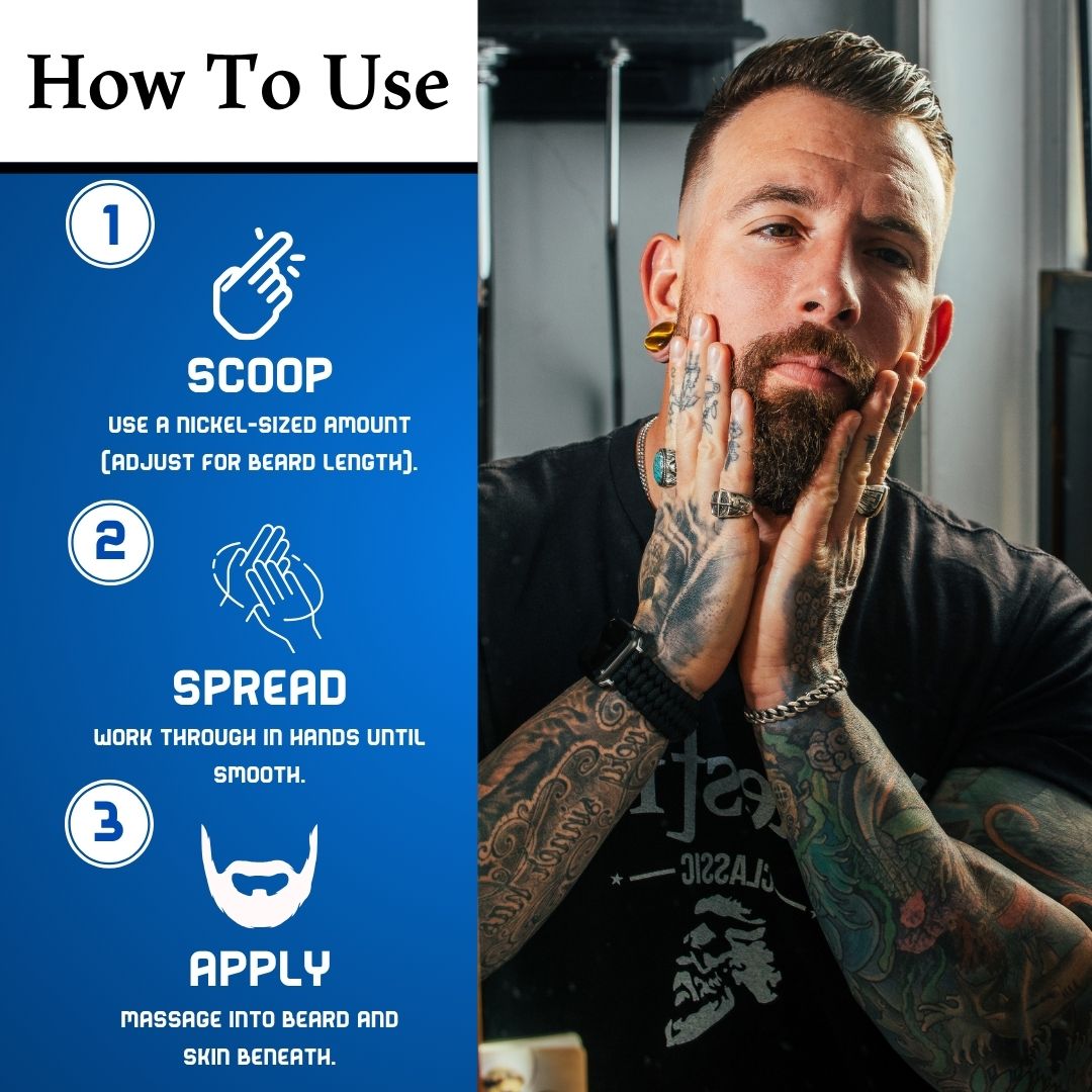 Step-by-step guide showing how to apply Maestro’s Classic Beard Butter – scoop, spread, and massage into beard and skin for softness and control.