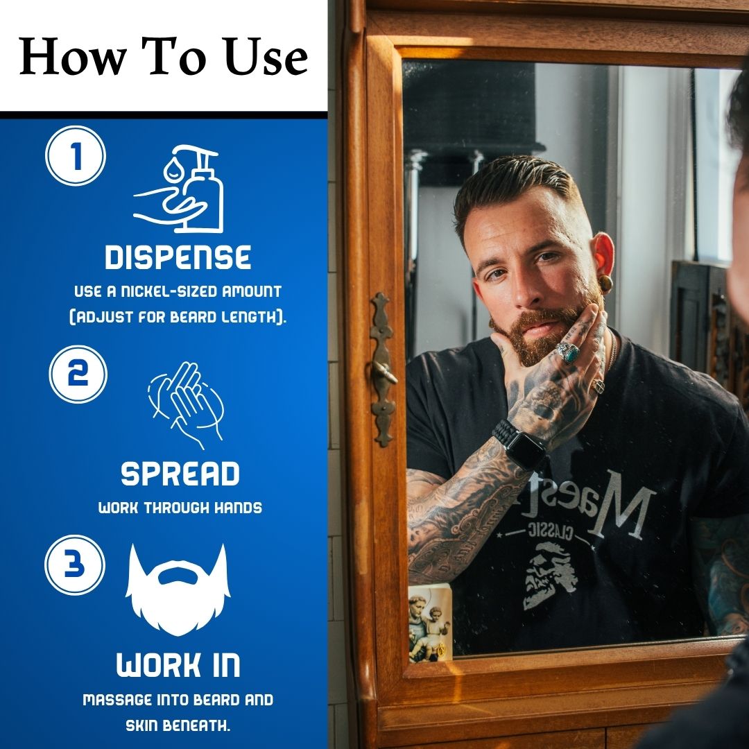 Step-by-step guide showing how to apply Maestro’s Classic Beard Oil – dispense, spread, and work into beard and skin for softness and shine.