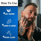 Step-by-step guide showing how to use Maestro’s Classic Beard Wash – apply nickel-sized amount, lather into beard, rinse thoroughly.