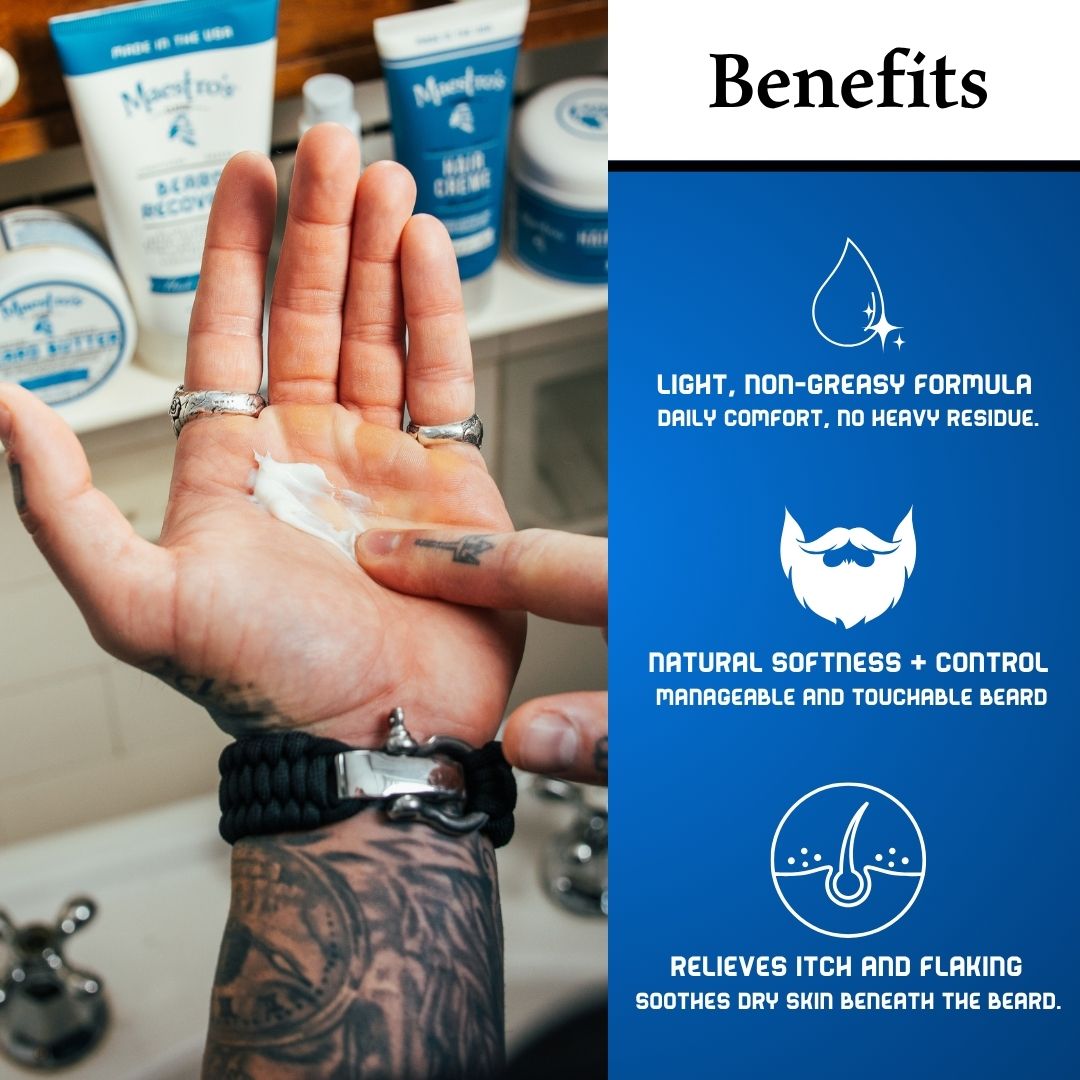 Infographic showing key benefits of Mark of a Man Beard Butter – non-greasy daily formula, natural softness and control, relieves beard itch and flaking.