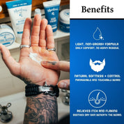 Infographic showing key benefits of Mark of a Man Beard Butter – non-greasy daily formula, natural softness and control, relieves beard itch and flaking.