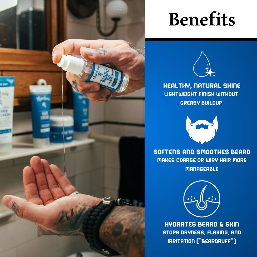 Infographic showing benefits of Mark of a Man Beard Oil – adds natural shine, softens coarse hair, and hydrates beard and skin to reduce flaking.