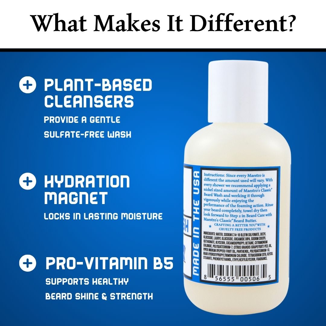 Graphic highlighting key ingredients in Mark of a Man Beard Wash – Abyssinian oil, shea butter, and wheat germ oil for moisture and strength.