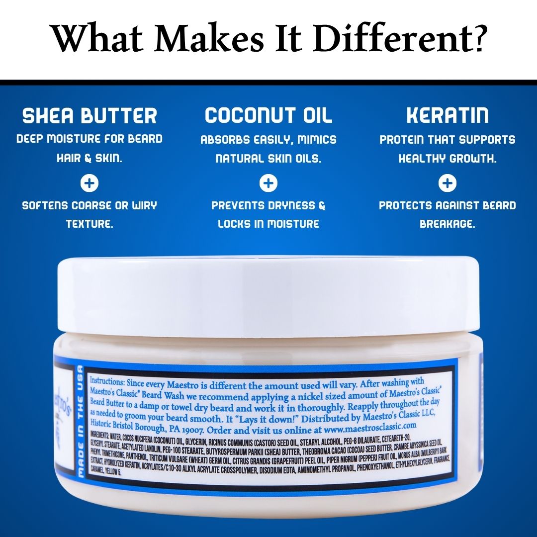 Graphic showing key ingredients in Maestro’s Classic Beard Butter – shea butter, coconut oil, and keratin for deep moisture, protection, and smooth texture.