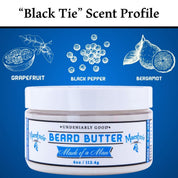 Mark of a Man Beard Butter scent profile – notes of grapefruit, black pepper, and bergamot for a refined ‘Black Tie’ fragrance.