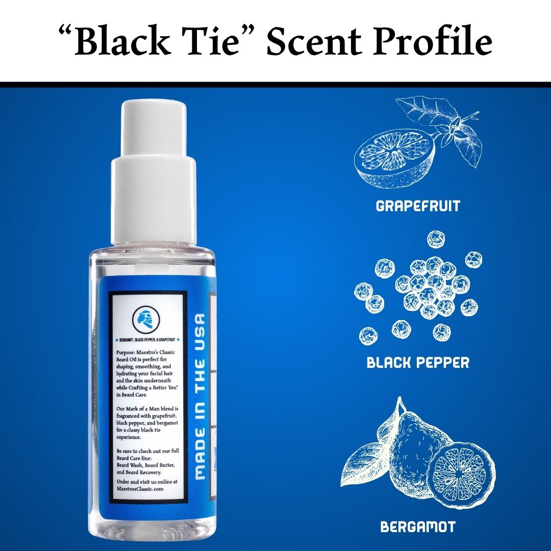 Mark of a Man Beard Oil scent profile – notes of grapefruit, black pepper, and bergamot for a clean, commanding fragrance.