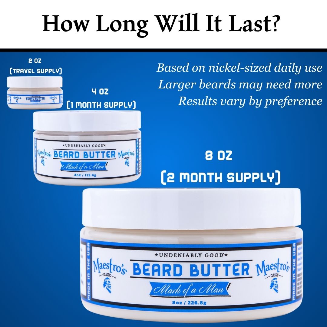 Visual comparison of 2oz, 4oz, and 8oz Mark of a Man Beard Butter jars, showing travel, one-month, and two-month supply sizes based on daily use.