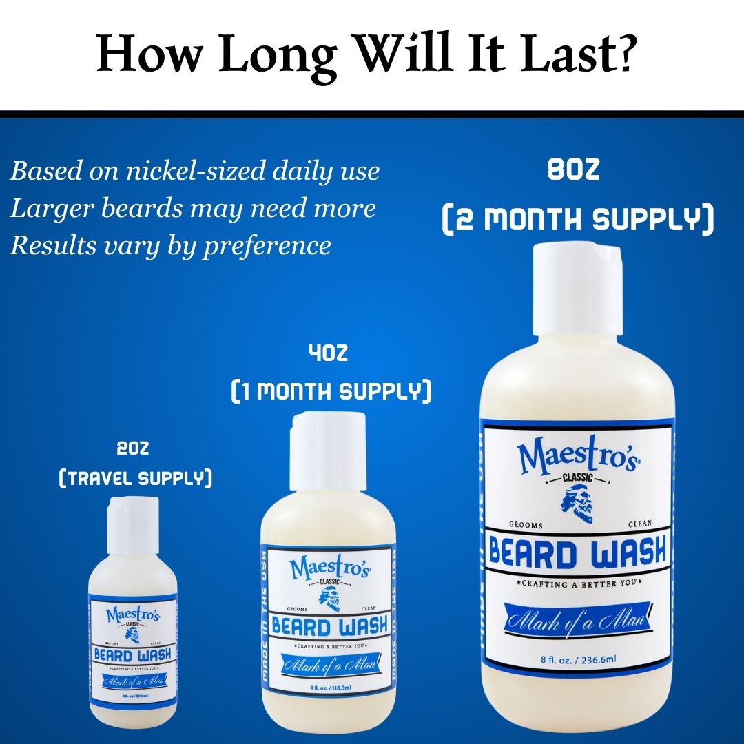 Visual comparison of 2oz, 4oz, and 8oz bottles of Mark of a Man Beard Wash, showing size difference and usage longevity.