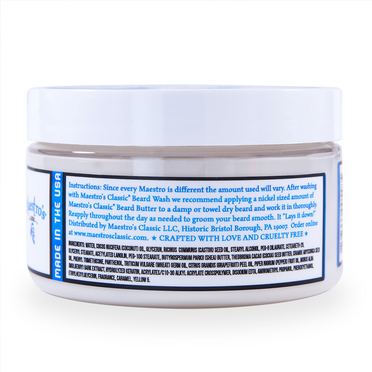 Jar of Maestro's Classic Beard Butter with label on a white background