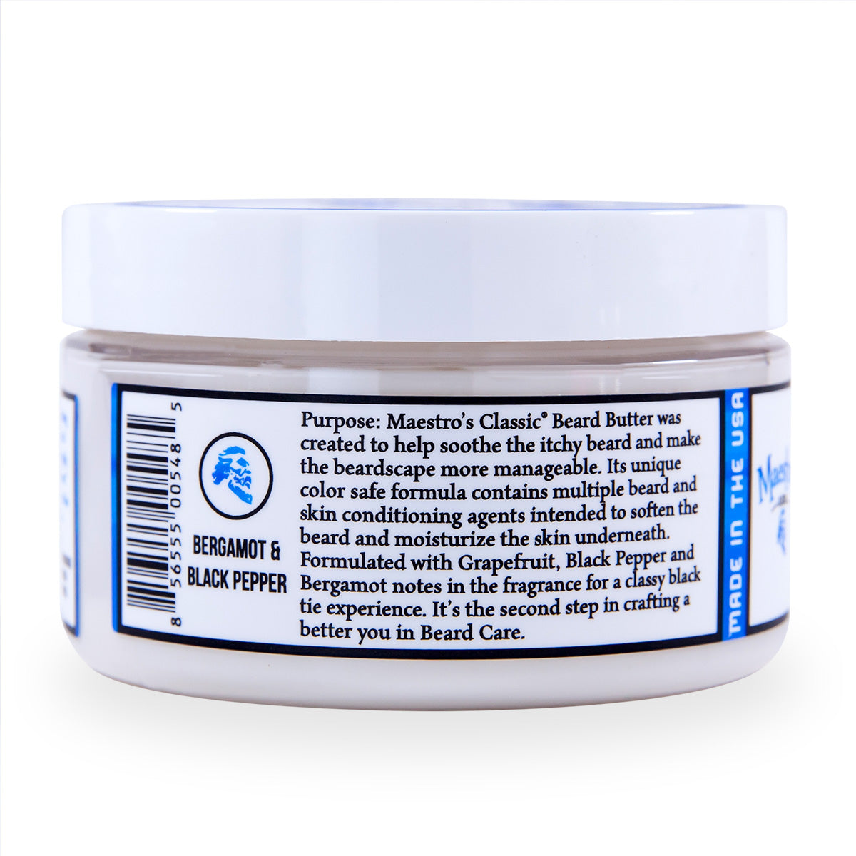 Jar of Maestro's Classic Beard Butter with label on a white background