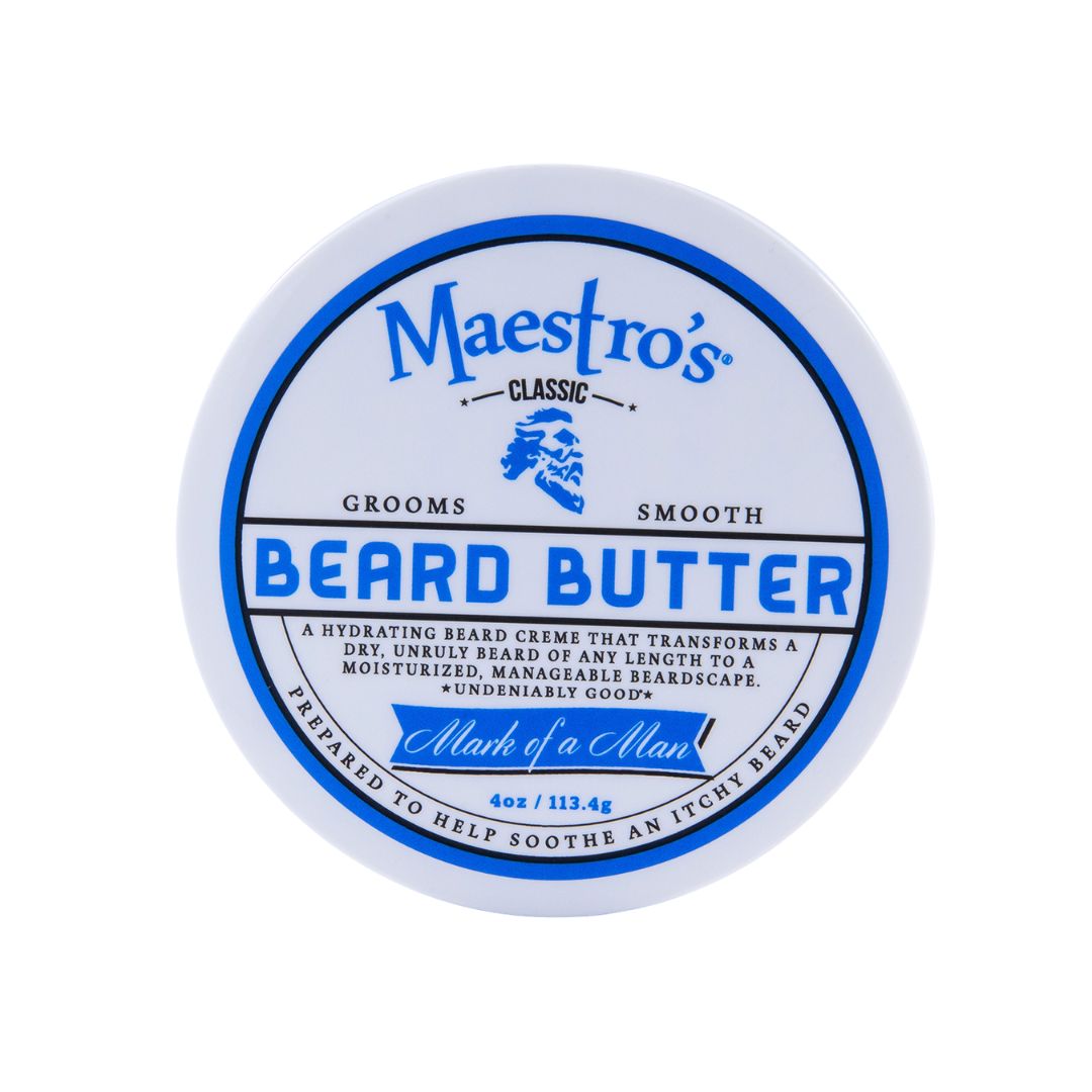 Mark of a Man Beard Butter by Maestro’s Classic – premium 4oz hydrating beard cream that softens, smooths, and conditions for a manageable beard.