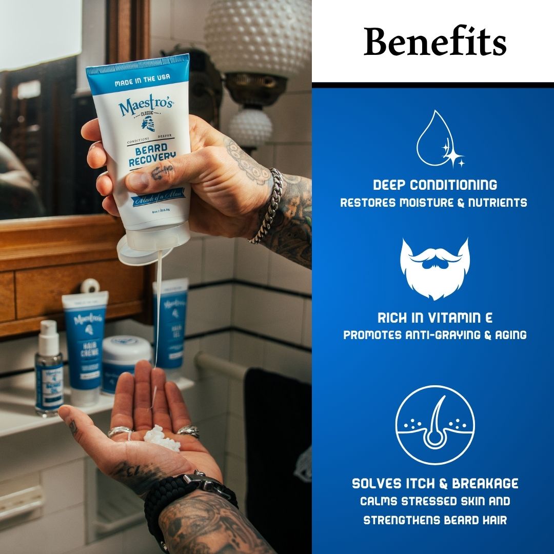 Infographic highlighting key benefits of Mark of a Man Beard Recovery – deep conditioning, vitamin E for anti-aging, and relief for beard itch and breakage.