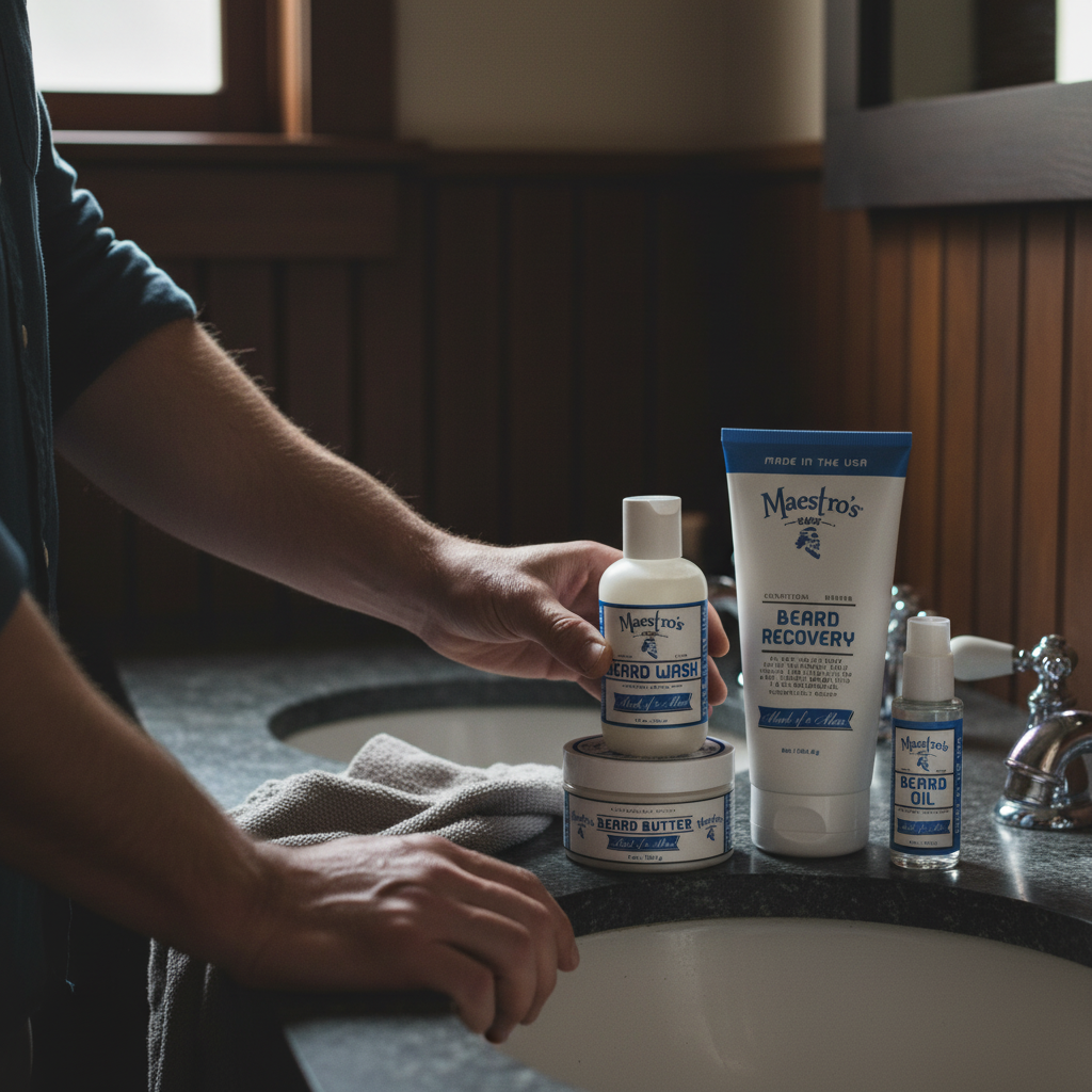 Person holding a bottle of Maestro's beard care products on a bathroom counter.