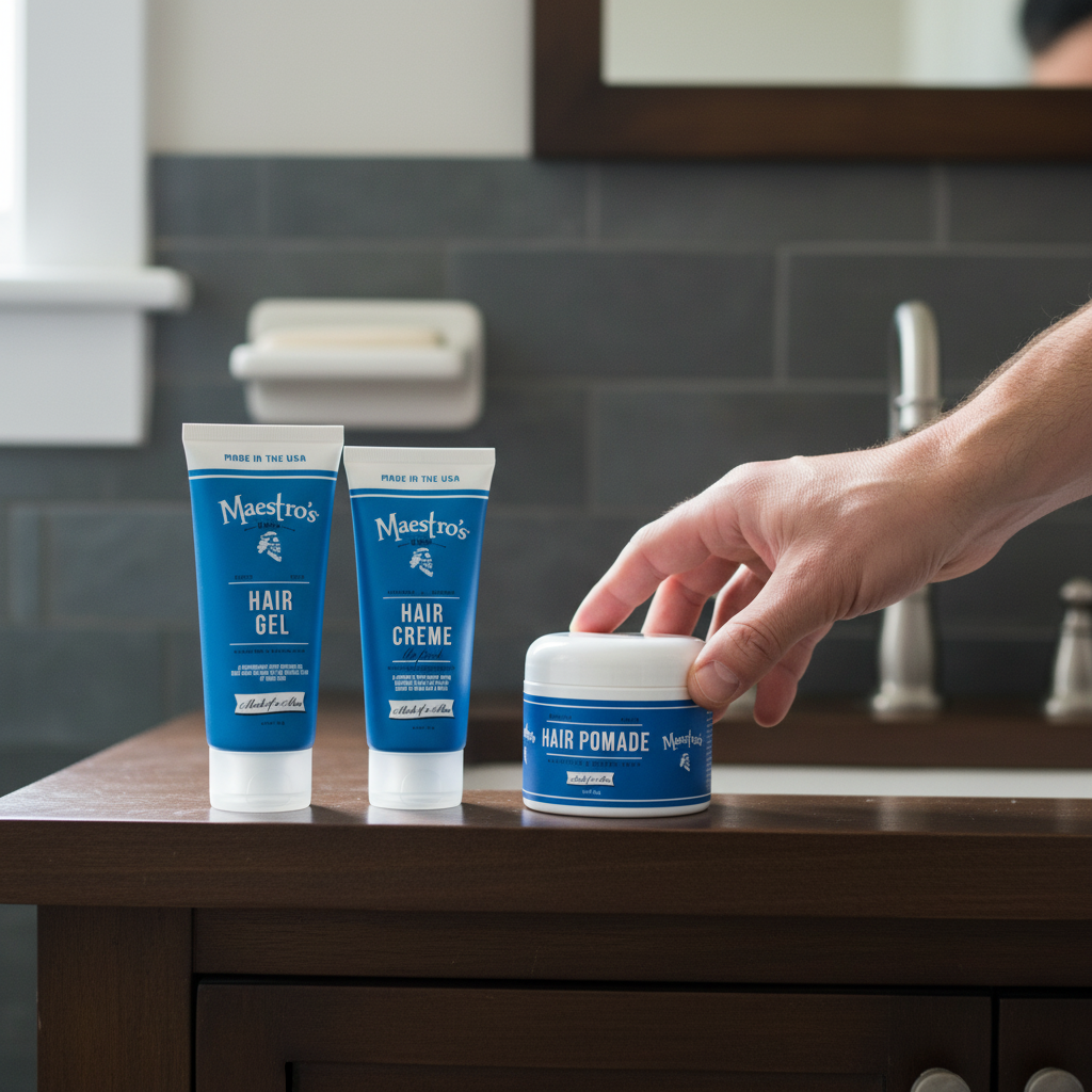 Hand interacting with a jar of Maestro's hair pomade on a bathroom counter.