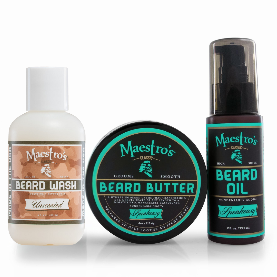 Set of Maestro's Speakeasy beard care products including Unscented Beard Wash, Speakeasy Beard Butter, and Speakeasy Beard Oil on a white background