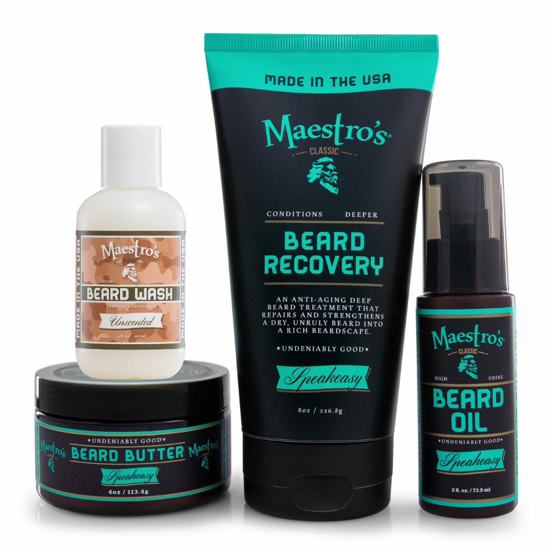 Set of Maestro's Speakeasy Beard Care products including Speakeasy Beard Wash, Speakeasy Beard Recovery, Speakeasy Beard Butter, and Speakeasy Beard Oil on a white background.