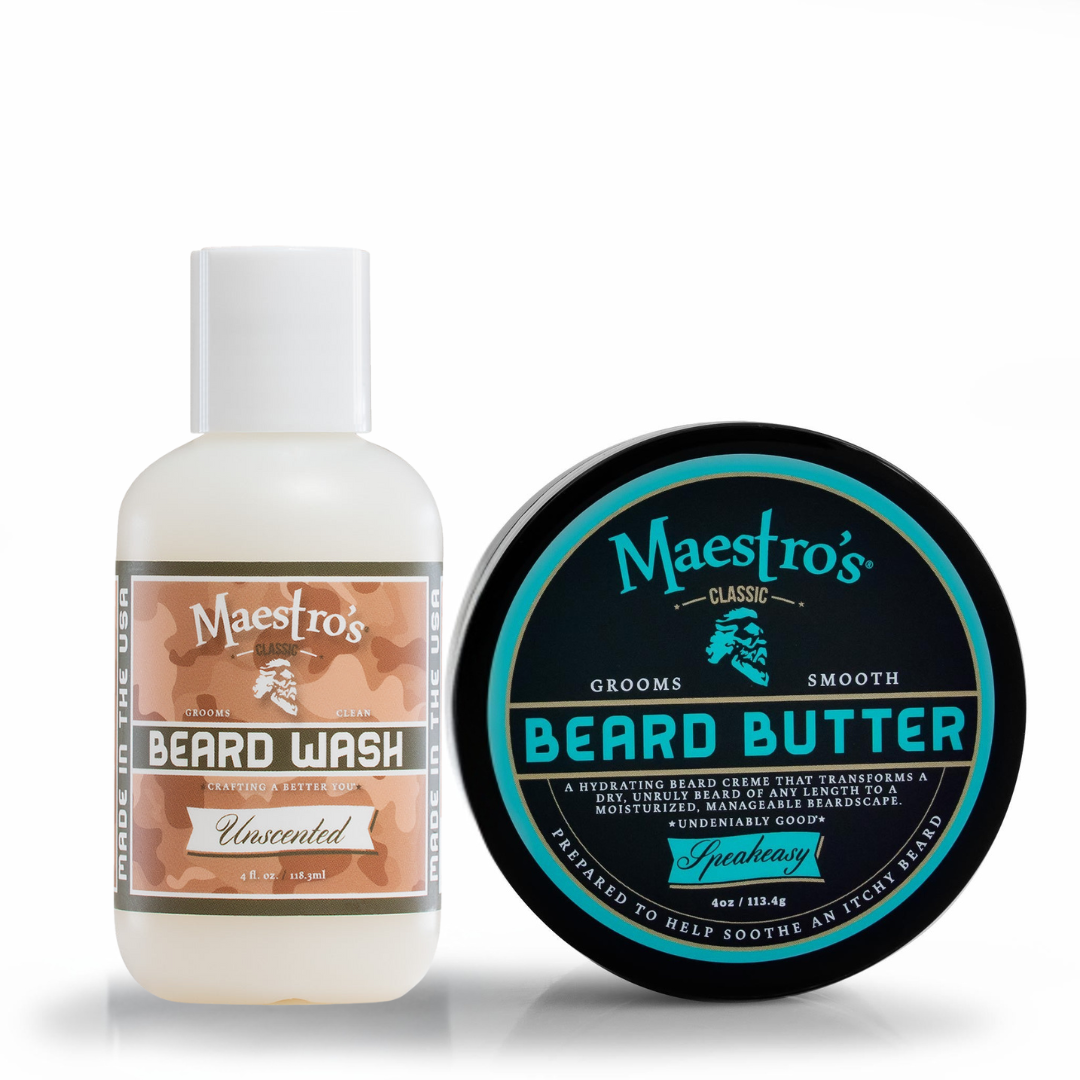 Maestro's beard care products including Unscented Beard Sash and Speakeasy Beard Butter on a white background