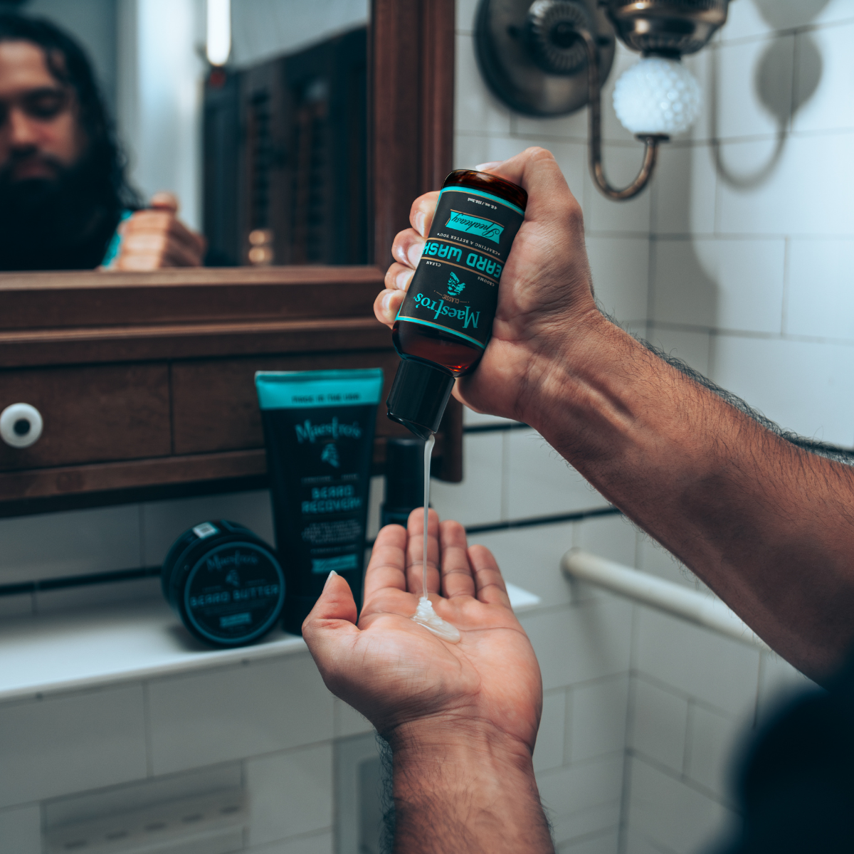 Person holding a bottle of speakeasy beard wash over their hand in a bathroom.
