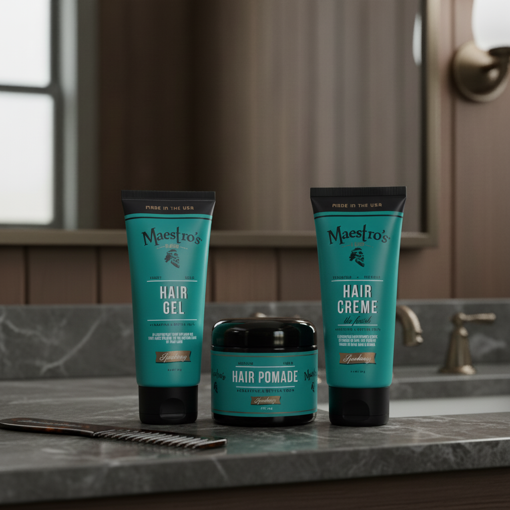 Three bottles of Maestro's hair care products on a bathroom counter.