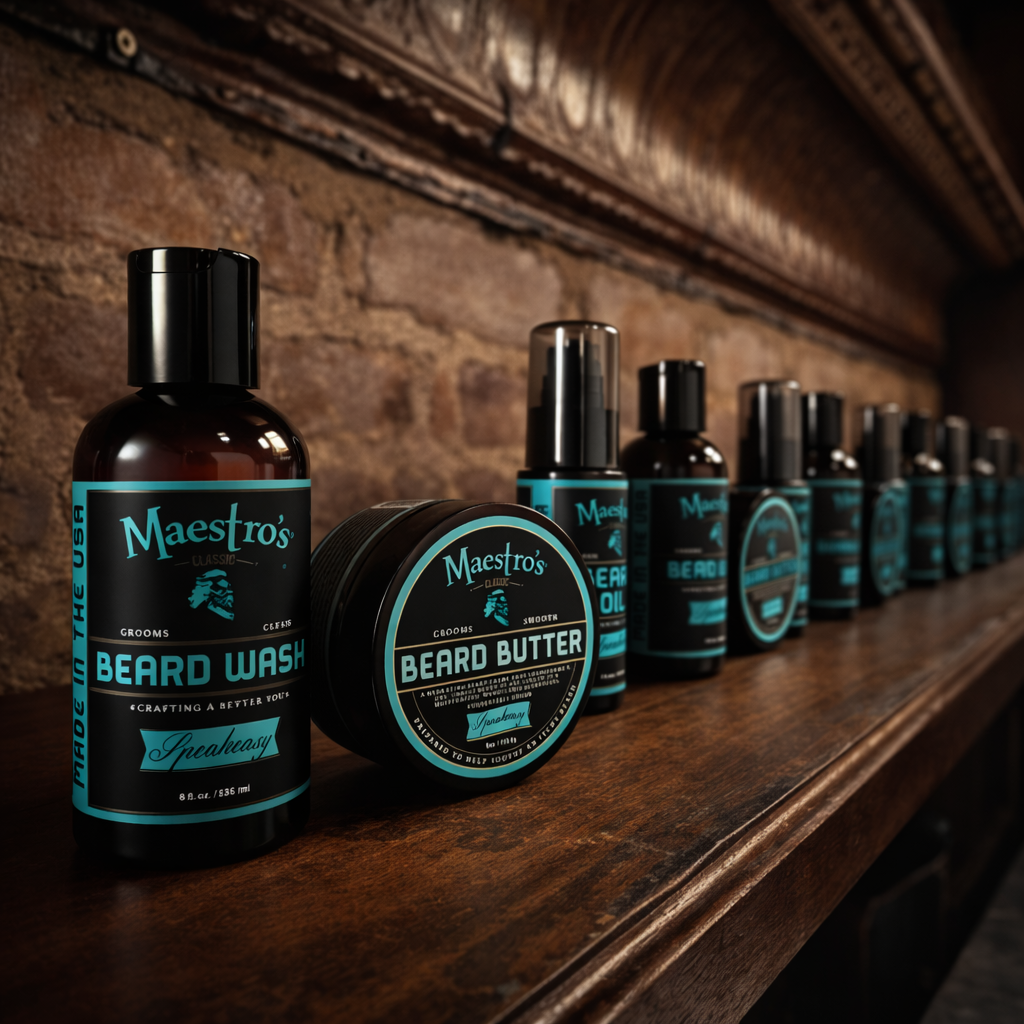 Row of Maestro's Grooming products including beard wash and butter on a wooden shelf.