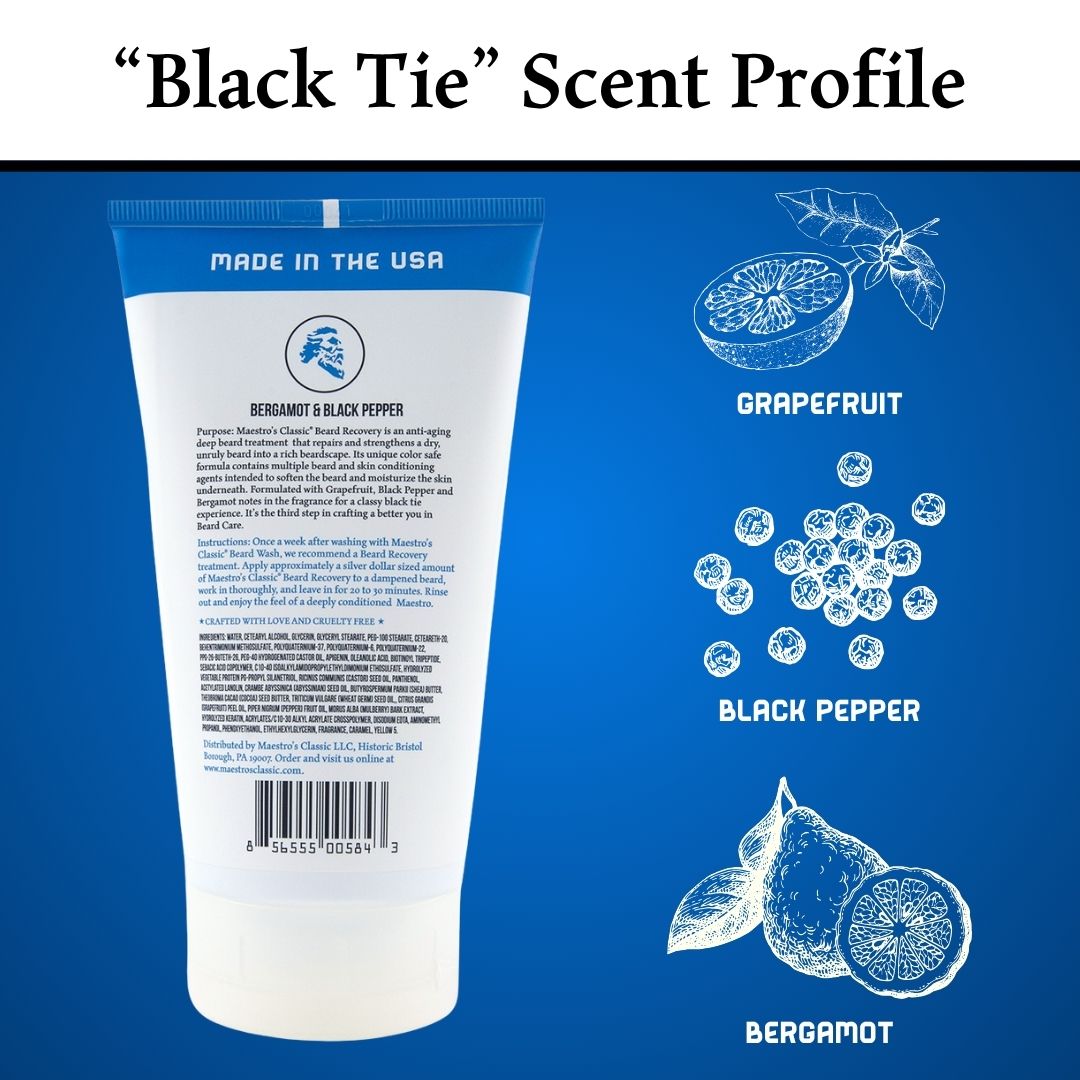 Mark of a Man Beard Recovery scent profile – notes of grapefruit, black pepper, and bergamot for a sophisticated ‘Black Tie’ fragrance.