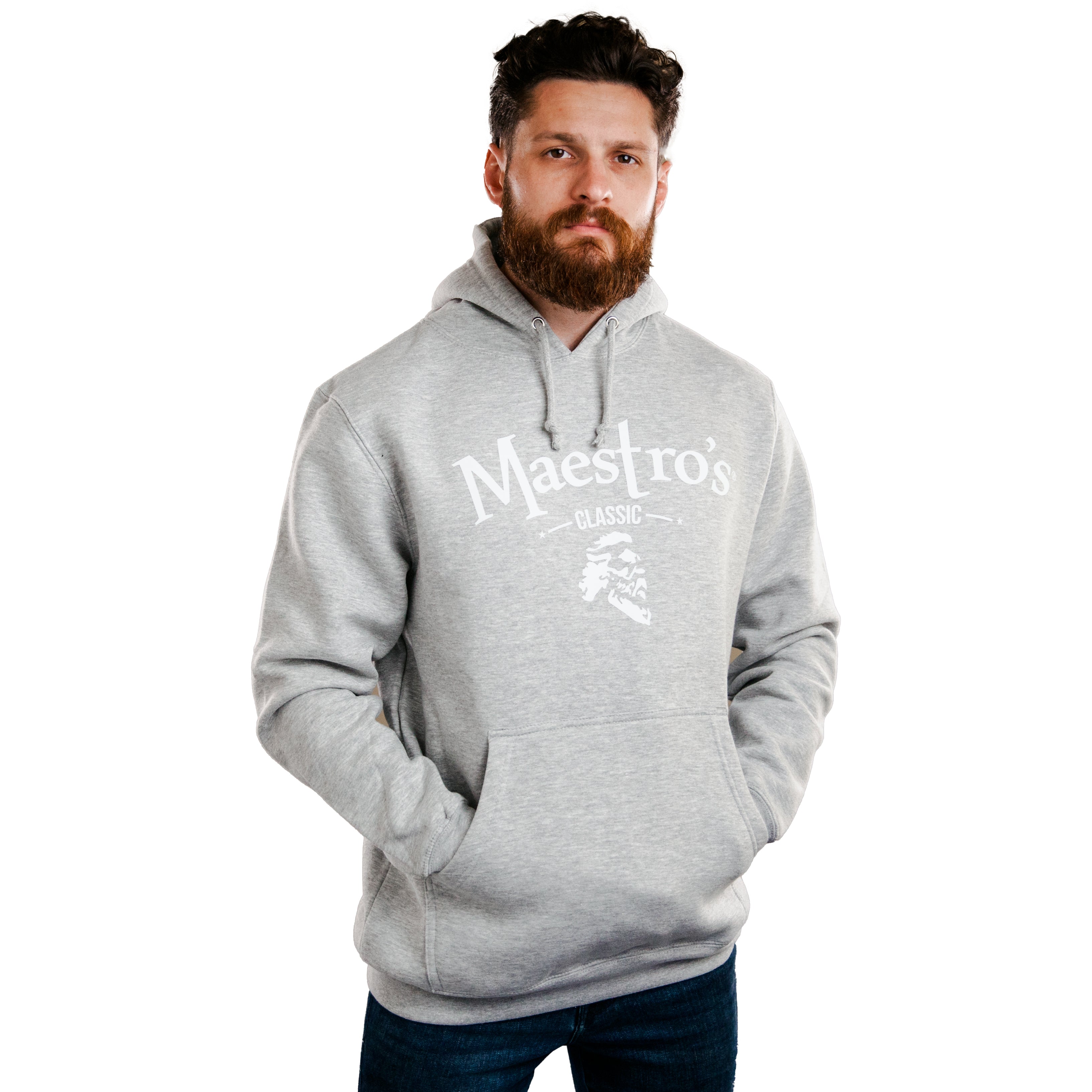 Maestro's Classic Gray Hooded Sweatshirt - White Logo - Maestro's Classic