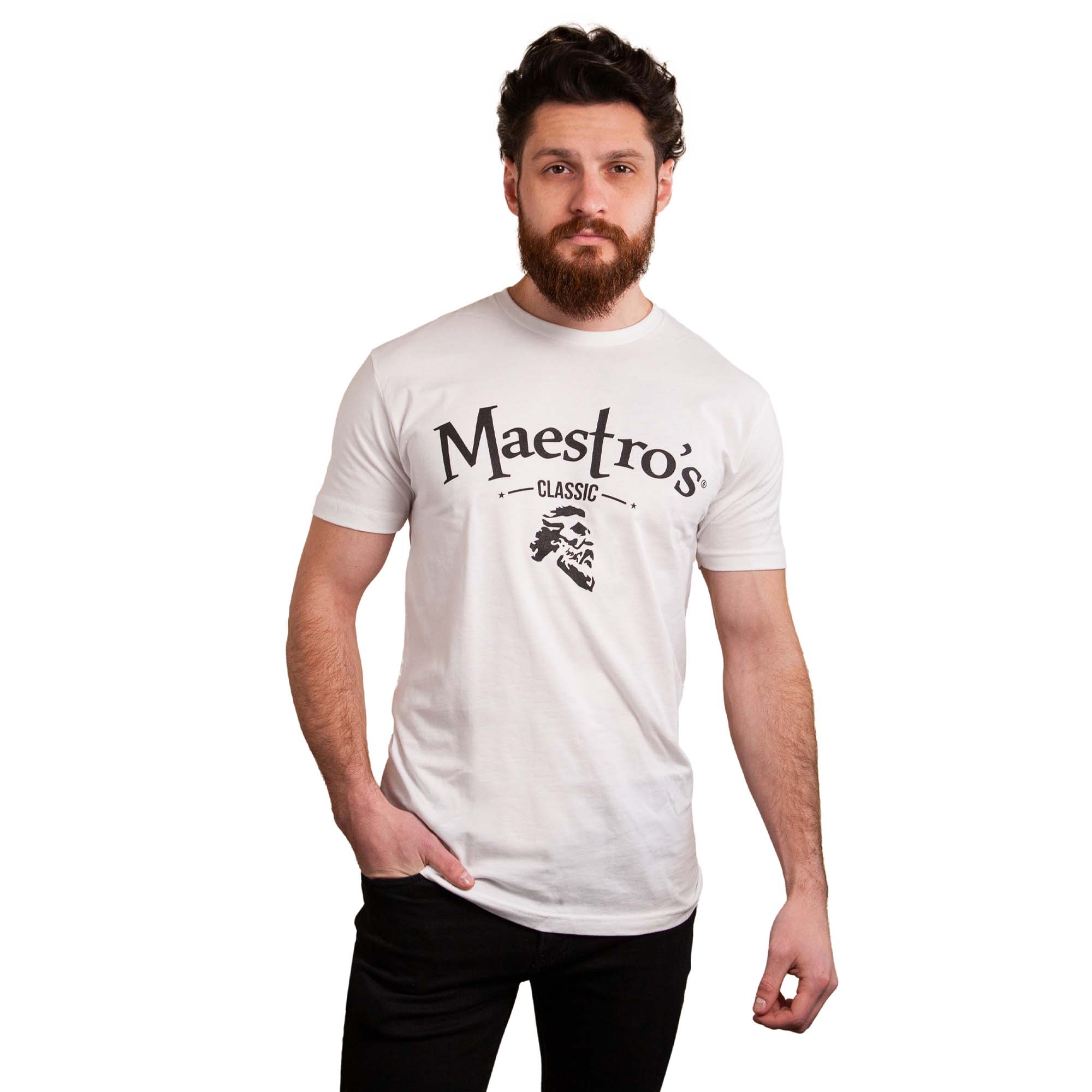 Maestro's Classic White Tee - Black Logo - Maestro's Classic